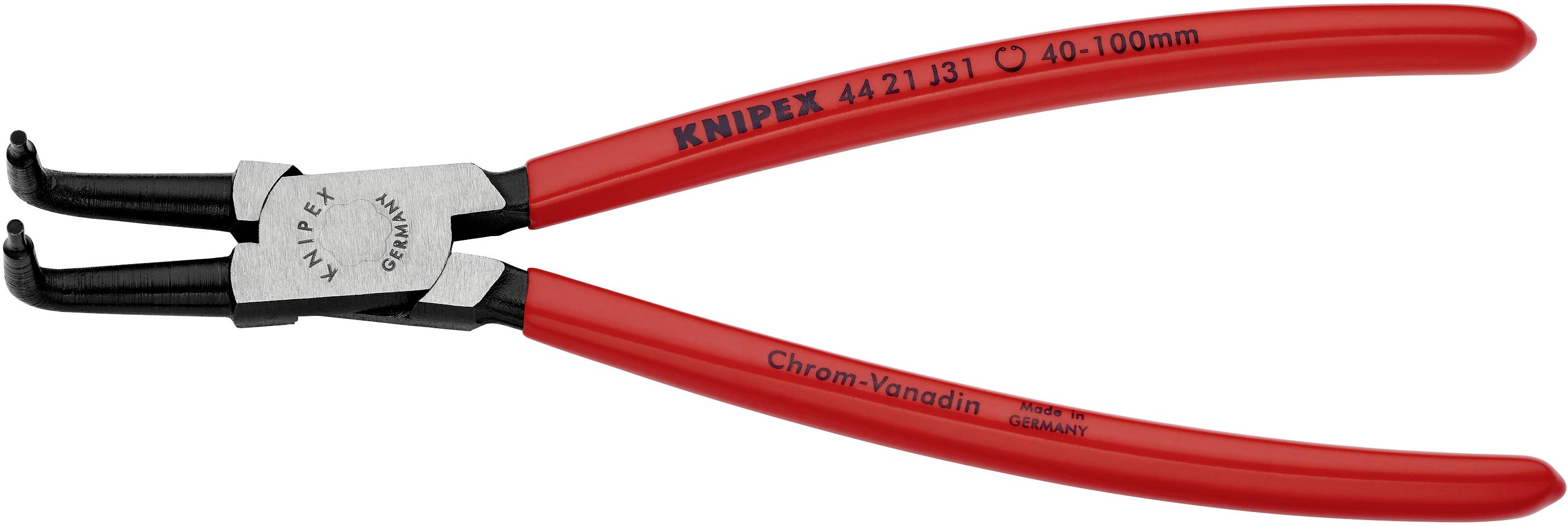 Rote Sicherungsringzange von Knipex, Modell 44 21 J31, für 40-100mm Ringe. Hergestellt aus Chrom-Vanadium-Stahl.