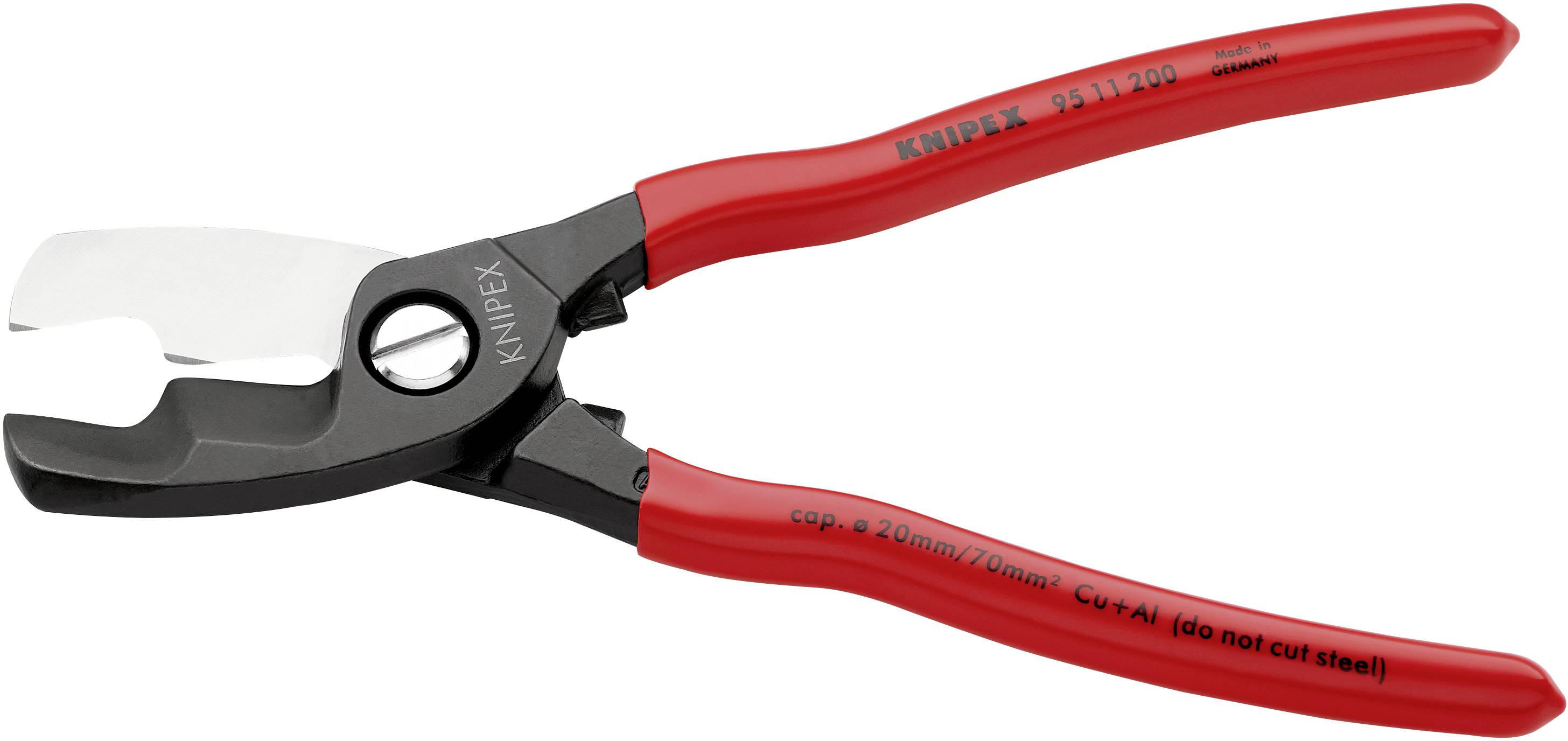 Rote Kabelschere mit schwarzem Schneidekopf, geeignet zum Schneiden von Kabeln bis 20 mm Durchmesser.