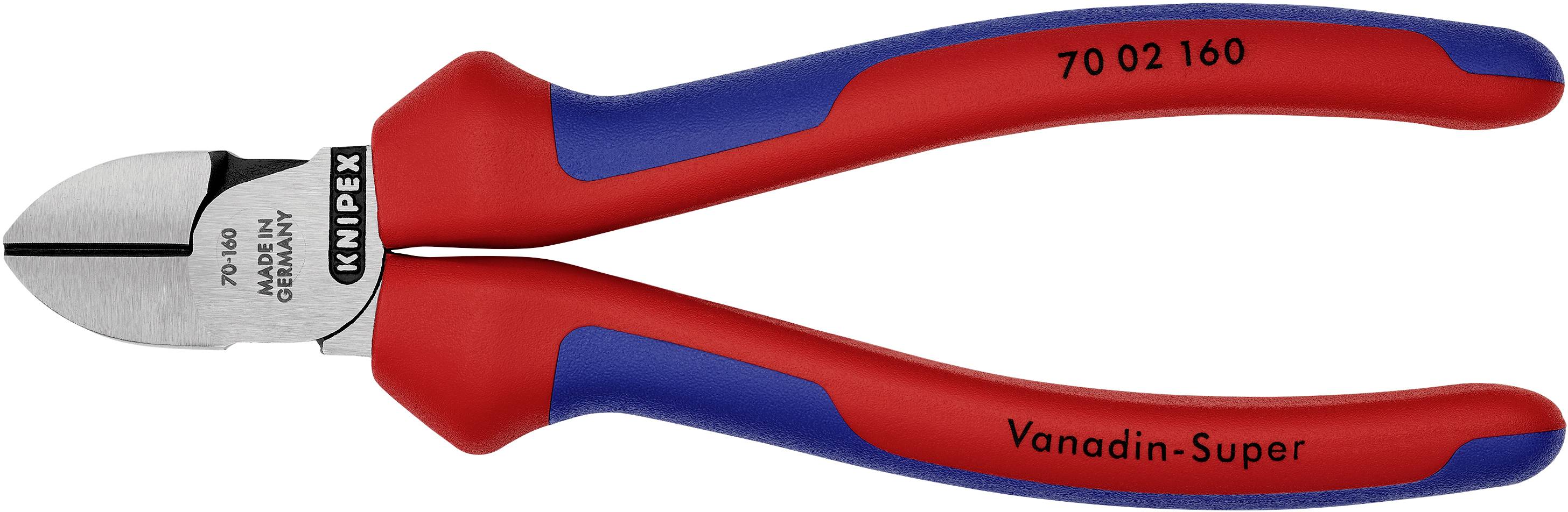 Eine rote und blaue Knipex-Seitenschneiderzange mit Stahlklingen, geeignet zum Schneiden von Draht, zeigt den Aufdruck 'Vanadin-Super'.