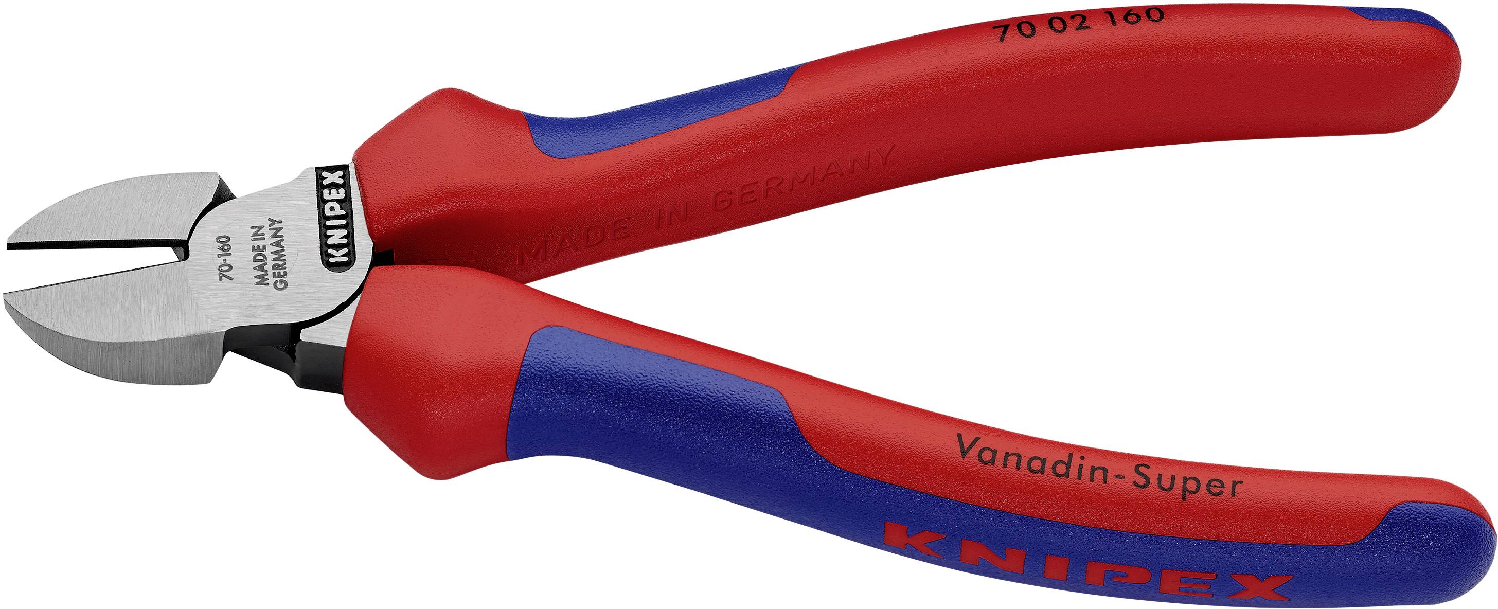 Roter und blauer Seitenschneider der Marke Knipex, gefertigt in Deutschland, mit der Aufschrift 'Vanadin-Super'.