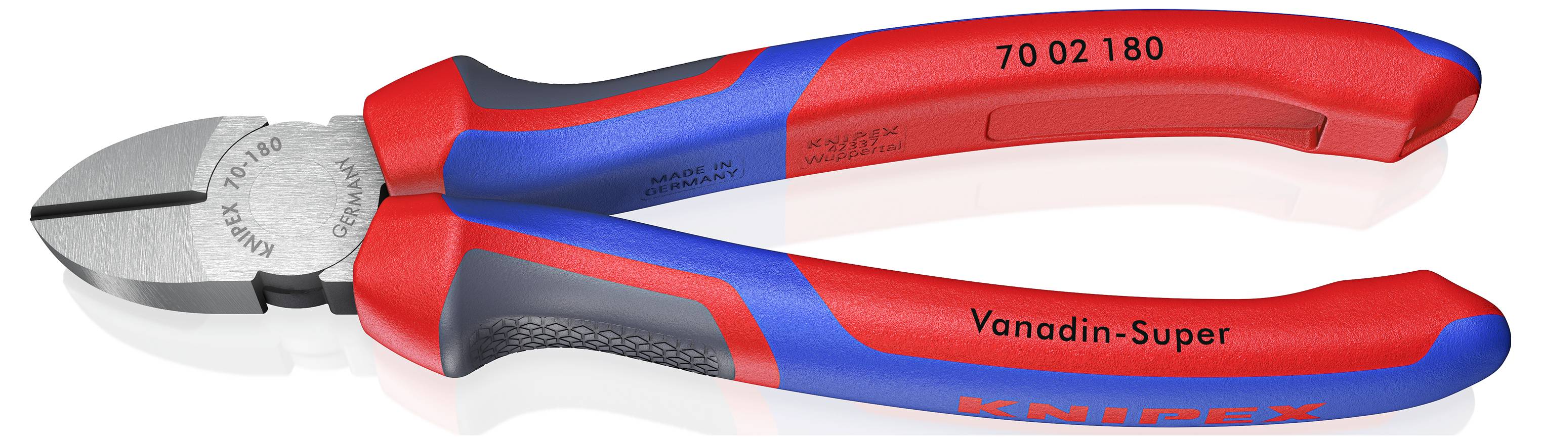 Seitenschneider mit roten und blauen Griffen, aus Stahl geschmiedet, mit der Aufschrift 'Vanadin-Super' und 'Knipex'.