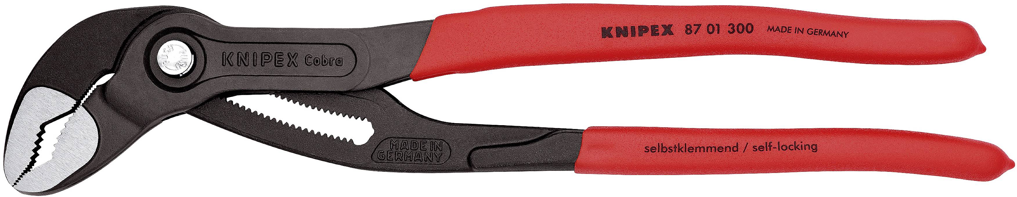 Eine rote Wasserpumpenzange mit schwarzen Greifbacken und der Aufschrift 'Knipex Germany'.