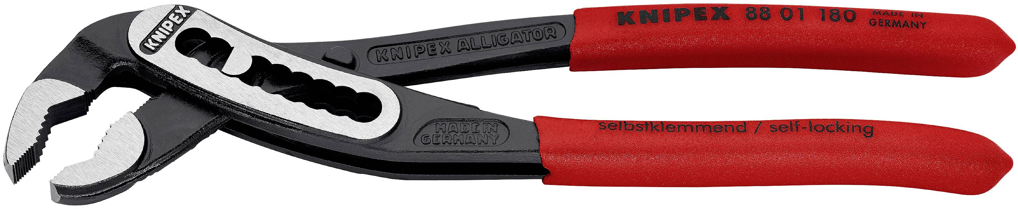 Eine schwarze Wasserpumpenzange mit roten Griffen, Marke 'KNIPEX', Modellnummer '86 01 180', mit selbstklemmender Funktion.