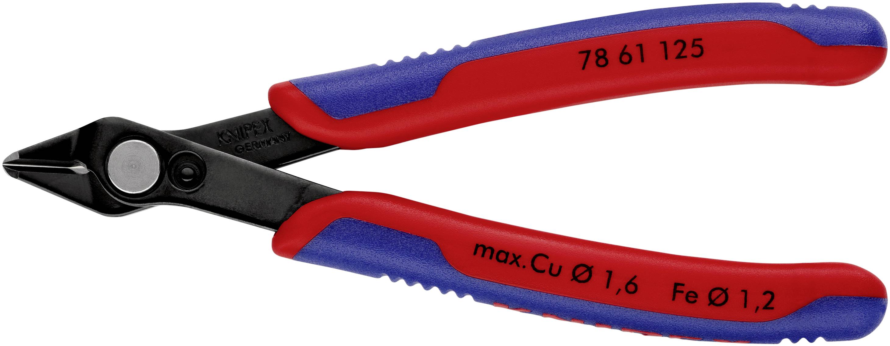 Flachzange mit roten und blauen Griffen, Aufschrift: '78 61 125, max. Cu Ø 1,6, Fe Ø 1,2'.