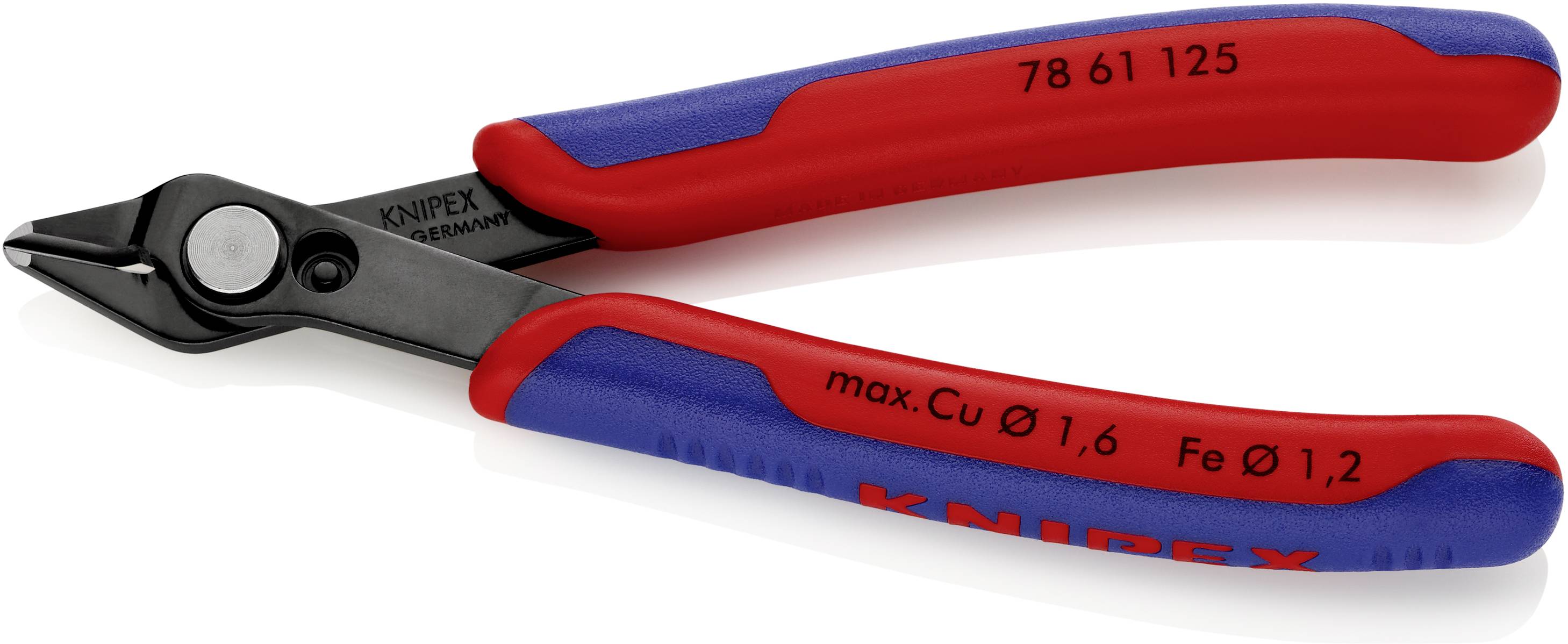 Eine rote und blaue Drahtschneidezange mit der Aufschrift 'Knipex'. Geeignet zum Schneiden von Drähten bis zu 1,6 mm Kupfer und 1,2 mm Eisen.