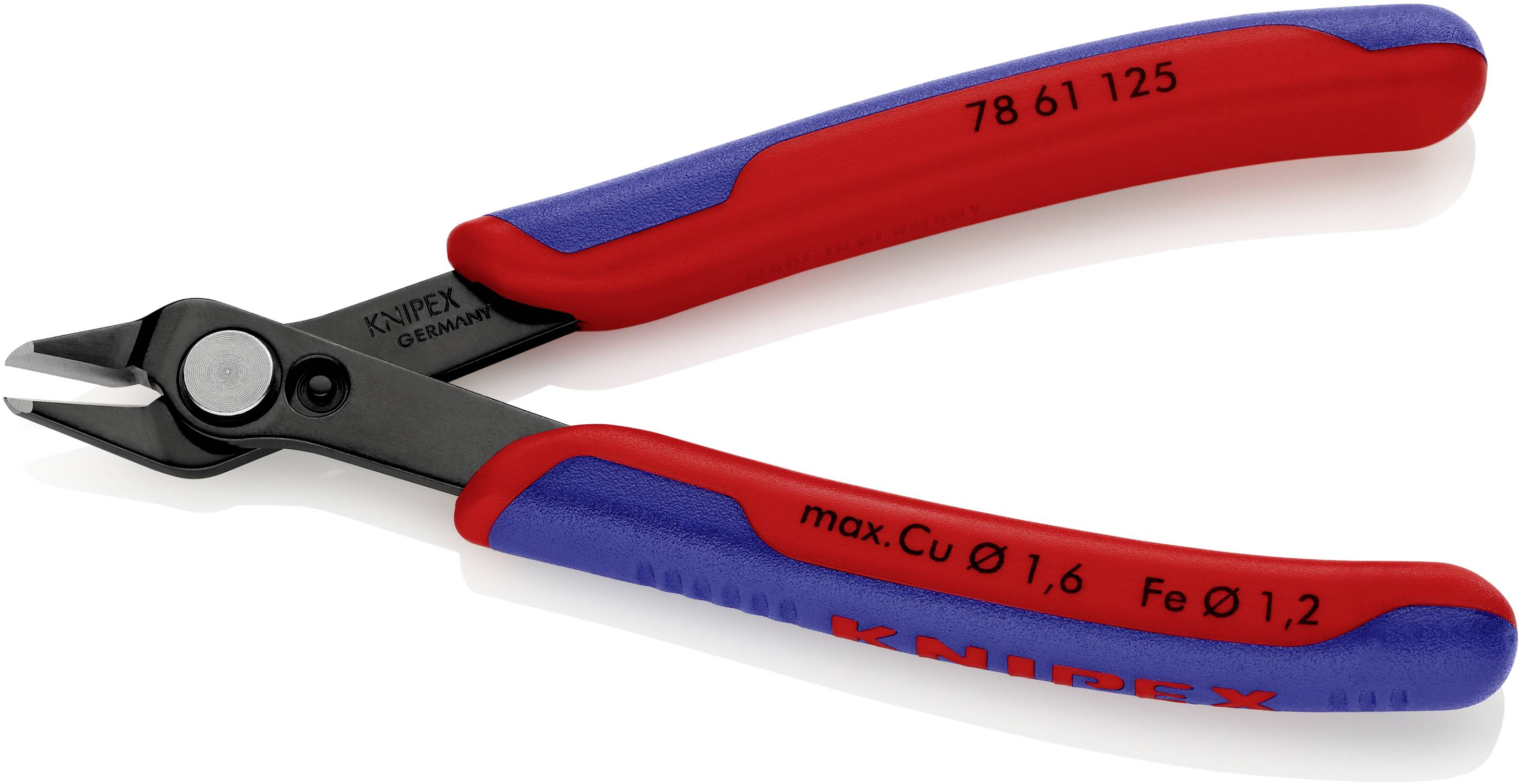 Seitenschneider mit roten und blauen Griffen, geeignet für dünne Kupfer- und Eisendrähte. Aufschrift: max. Cu Ø 1,6, Fe Ø 1,2.