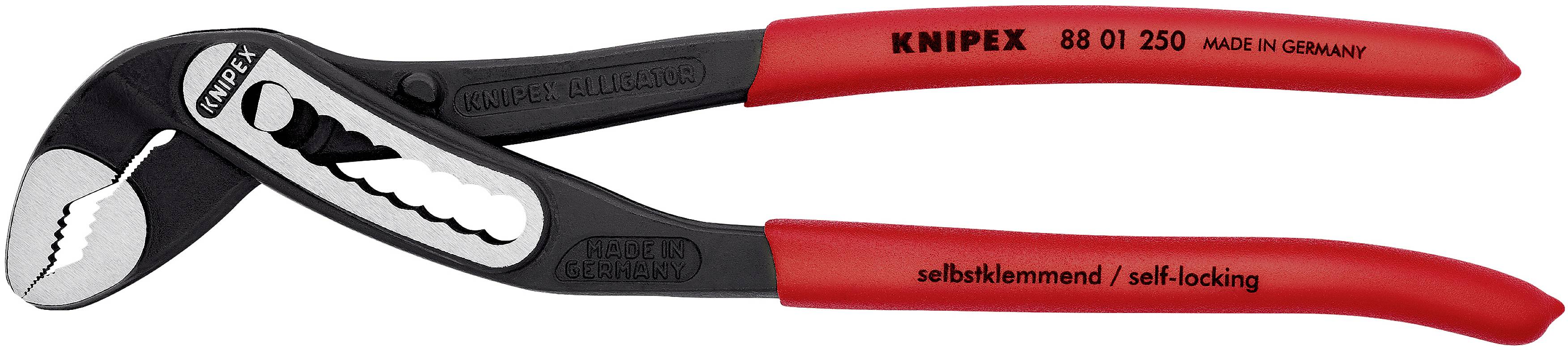 Zange mit rotem Griff, Aufschrift 'Knipex 88 01 250, made in Germany'. предназначена для захвата и удержания объектов unterschiedlicher Form.