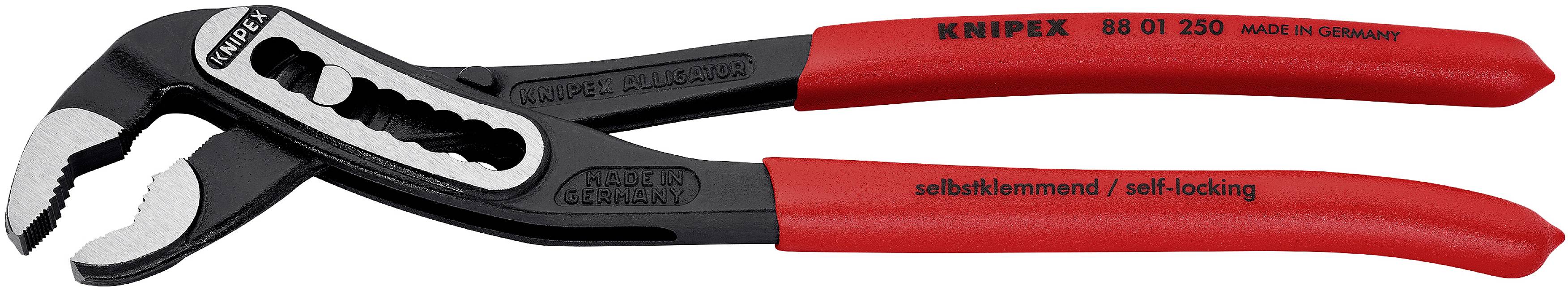 Eine Wasserpumpenzange mit roten Griffen und schwarzem Kopf, Marke Knipex, Modell 88 01 250, hergestellt in Deutschland.