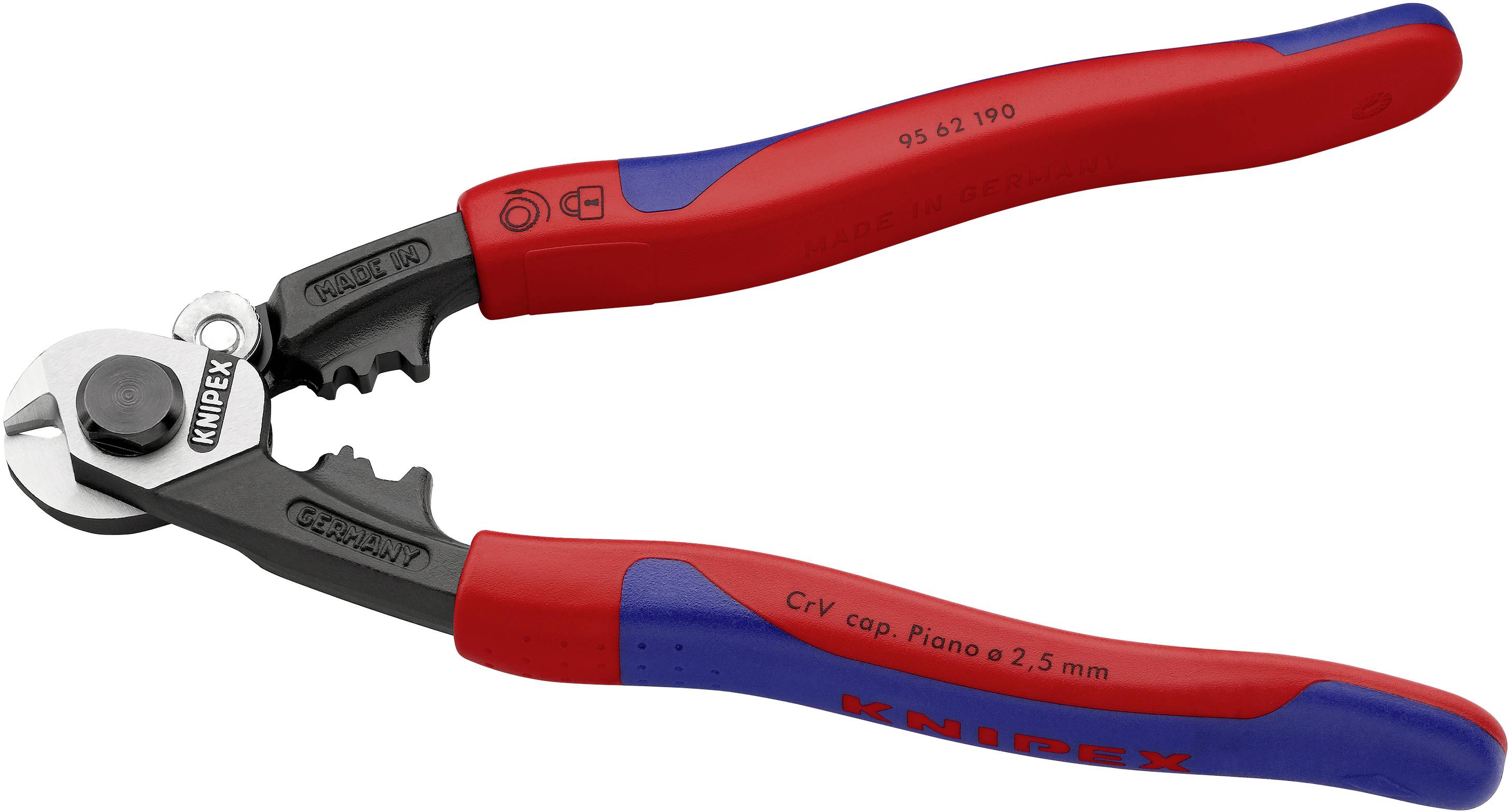 Rote und blaue Drahtschneiderzange der Marke Knipex mit ergonomischen Griffen, geeignet zum Schneiden von Drähten bis zu 2,5 mm Dicke.