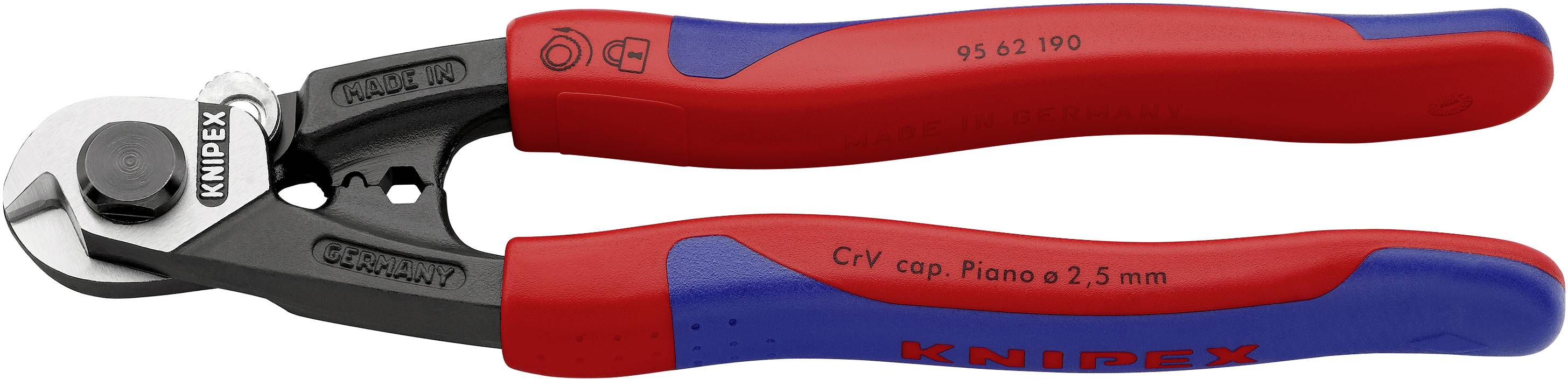 Seitenschneider mit roten und blauen Griffen, Marke 'KNIPEX', geeignet zum Schneiden von Draht bis 2,5 mm Durchmesser.