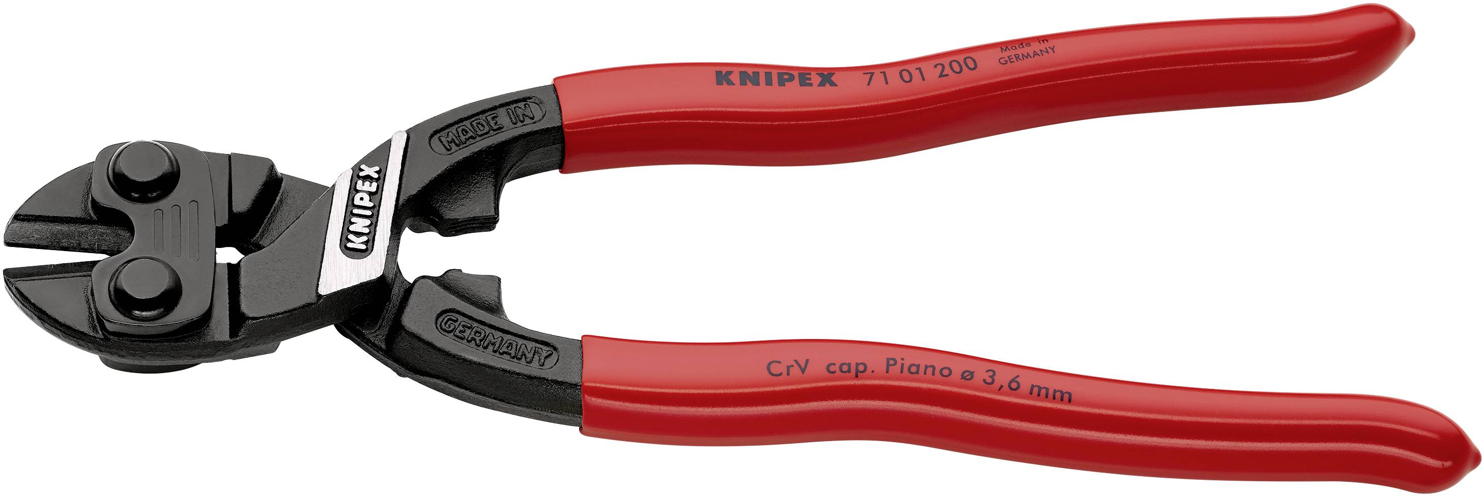 Rote Kneifzange der Marke Knipex, Modell 71 01 200, geeignet für C/V-Kapazitäten bis 3,6 mm, mit schwarzen Schneidkanten.