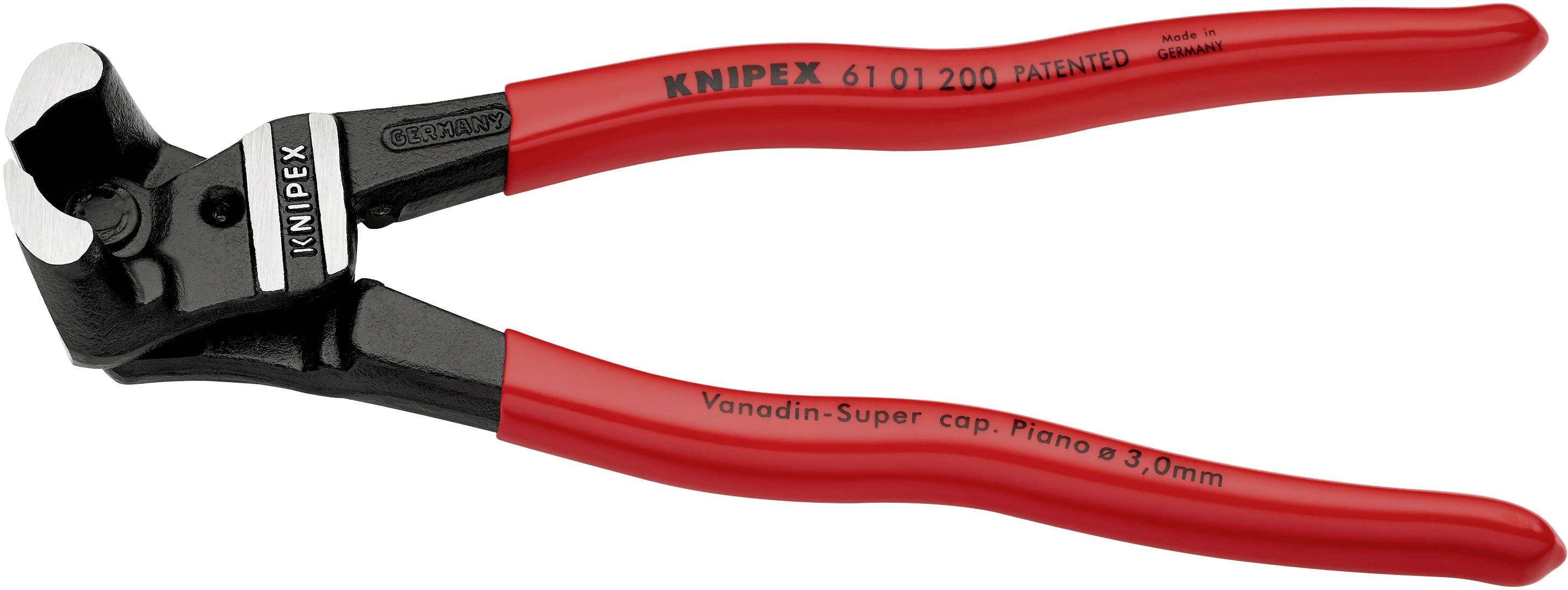 Rote Kneifzange der Marke Knipex, Modellnummer 6101200, mit ergonomischen Griffen, geeignet zum Schneiden von Drähten bis 3 mm.