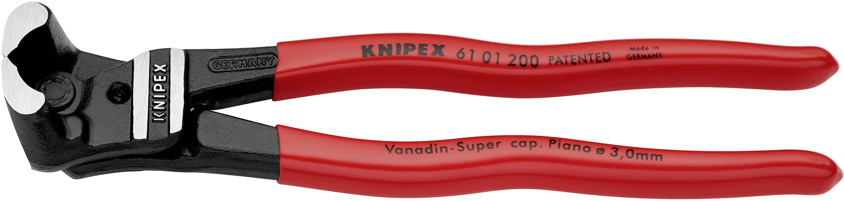 Rote, isolierte Knipex-Kabelschneider mit schwarzem Kopf, geeignet für das Schneiden von Kabeln und Drähten bis 3,0 mm Durchmesser.