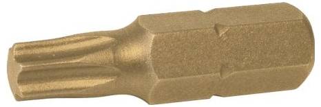 Ein bronzefarbener Torx-Schraubendreher-Bit mit sternförmiger Spitze, der zum Eindrehen von Schrauben mit passenden Kopfmustern verwendet wird.