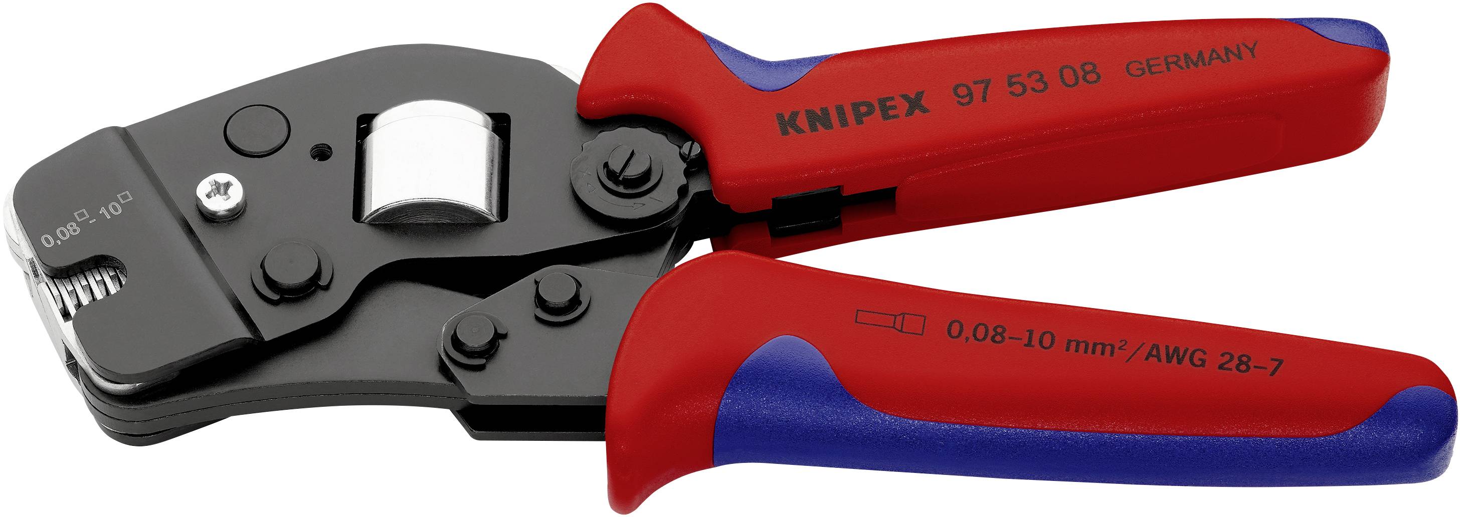 Eine rote und blaue Zange der Marke 'Knipex', Modellnummer 97 53 08, hergestellt in Deutschland, zum Crimpen von 0,08-10 mm² Kabeln.