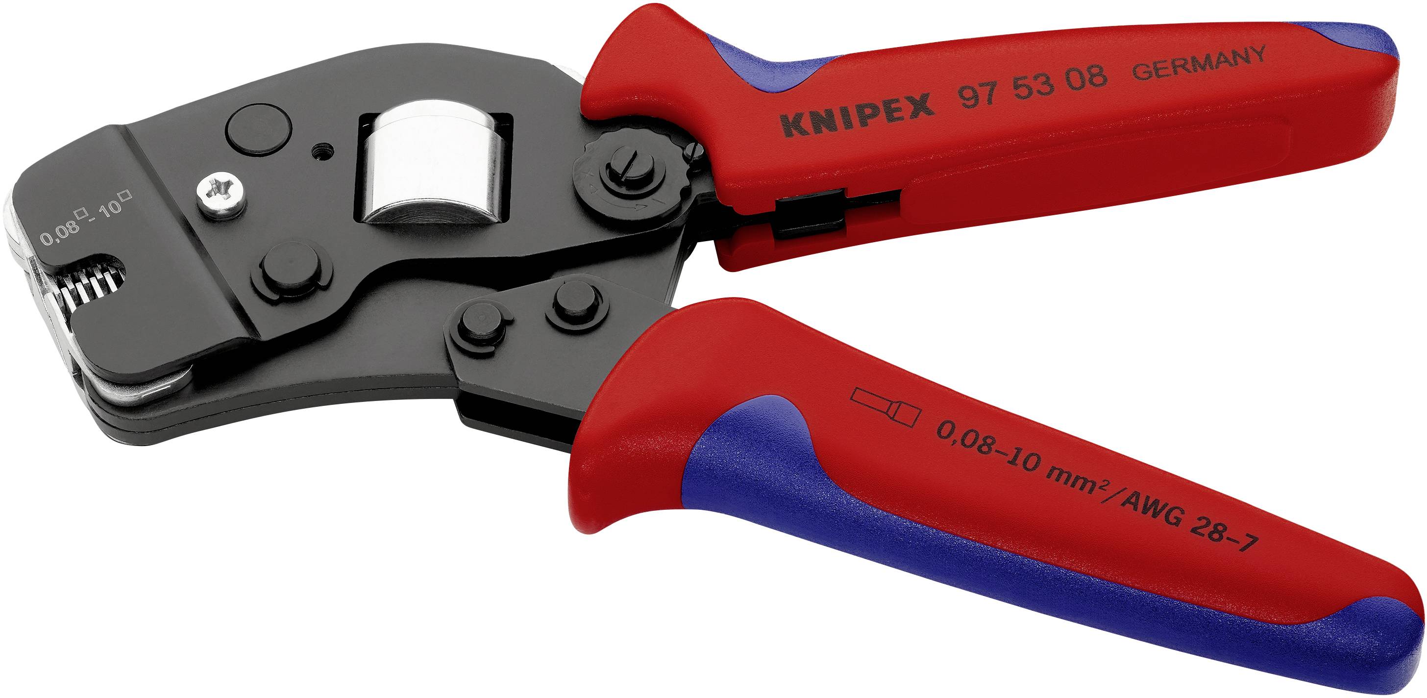 Eine rote und blaue Zange mit der Aufschrift 'Knipex', geeignet für Kabelgrößen von 0,08-10 mm².