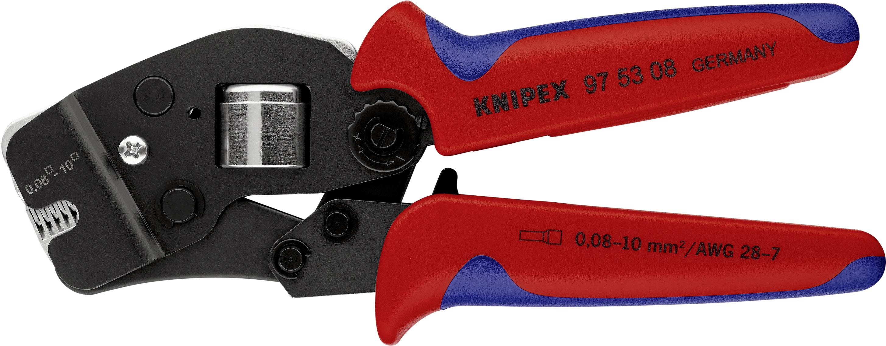 Eine rote Knipex-Crimpzange mit blauen Akzenten und der Aufschrift 'KNIPEX 97 53 08 GERMANY', geeignet für 0,08-10 mm² Kabel.