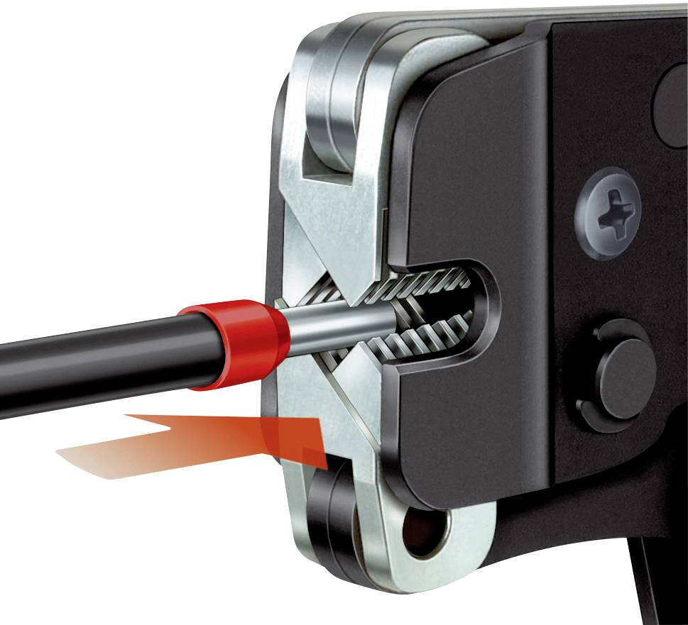 Nahaufnahme eines Werkzeugs, das ein Kabel abisoliert. Das Kabel wird durch das Werkzeug geführt, um die Ummantelung zu entfernen.