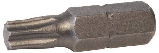 Ein Torx-Schraubendreher-Bit aus Metall mit sternförmiger Spitze, der für die Verwendung mit kompatiblen Schraubenköpfen entwickelt wurde.