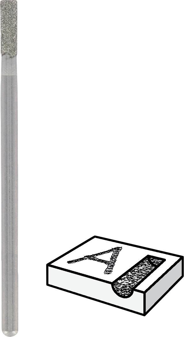 Ein zylindrisches Werkzeug mit diamantbesetztem Kopf und ein schwarzes dreidimensionales Rechteck mit 'Al' darauf geschrieben.