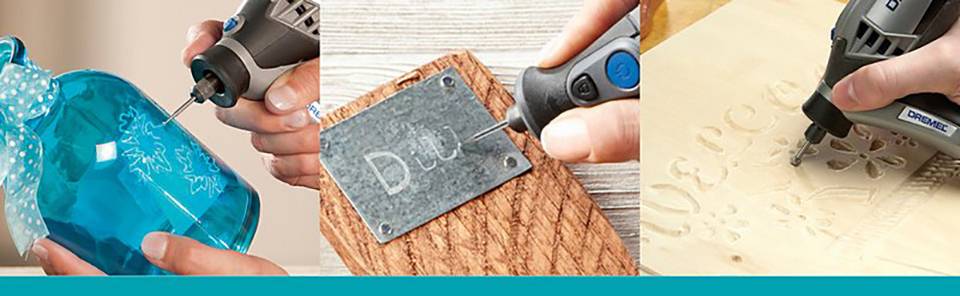 Drei Bilder zeigen die Benutzung eines Multifunktionswerkzeugs: Gravieren auf Glas, Metallgravur mit dem Wort 'Du', Holzdekoration.