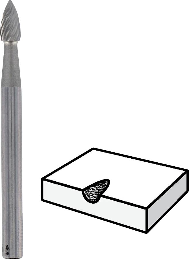 'Fräser mit Zelluloseverpackung': Ein zylinderförmiger Fräser mit gezackter Spitze neben einem rechteckigen Karton mit Fräserausschnitt.