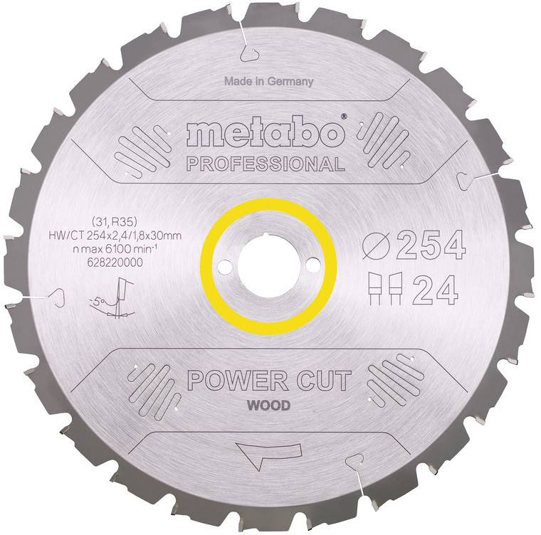Kreisförmiges Metabo Professional Power Cut Holzsägeblatt, silberfarben mit gelb hervorgehobener Mittellochmarkierung, gekennzeichnet mit 254 mm und 24 Zähnen.