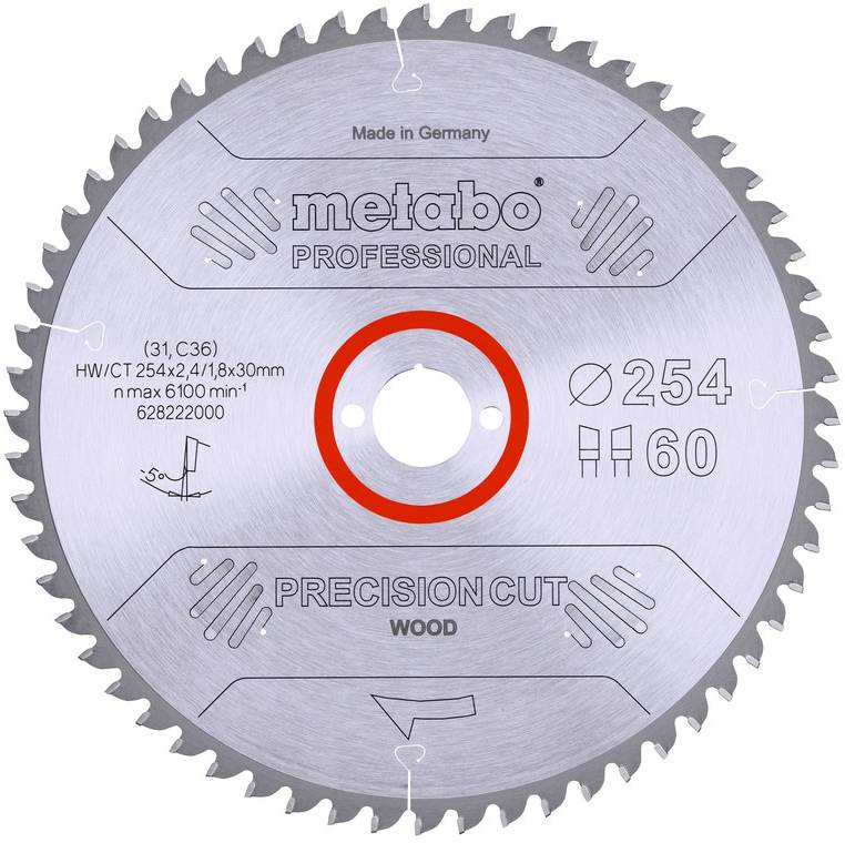 Kreissägeblatt aus Metabo Professional mit Präzisionsschnitt für Holz, 254 mm Durchmesser und 60 Zähne, frontal dargestellt mit zentralem Loch.