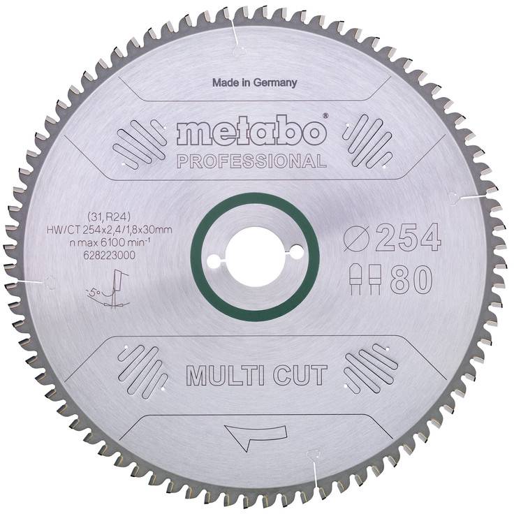 Metabo Professional 'Multi Cut' Kreissägeblatt mit 254 mm Durchmesser und 80 Zähnen, gekennzeichnet als Made in Germany.