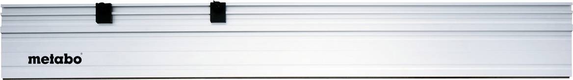 Lange silberne Metabo-Aluminiumführungsschiene mit zwei schwarzen Klammern oder Verbindern oben befestigt.