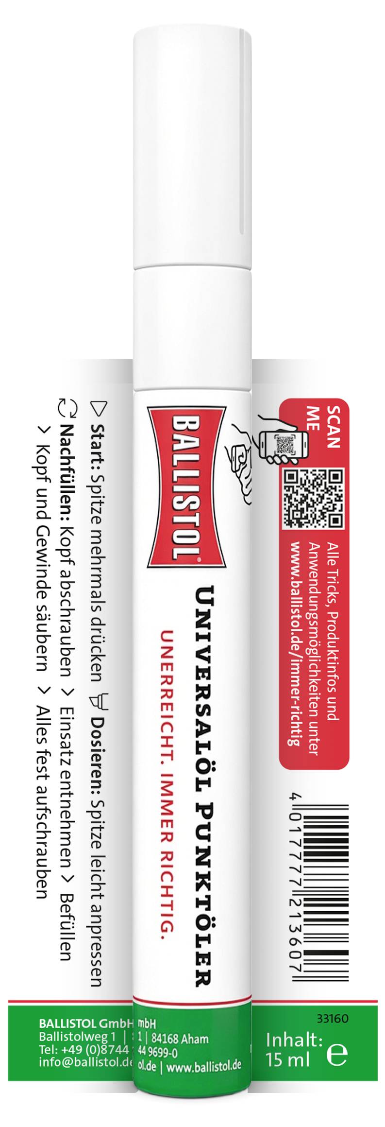 Weißes Ballistol Universal Ölspray in aufrechter Position stehend mit roten und schwarzen Etikett, QR-Code, Barcode, deutschem Produkttext und einem grünen Basisetikett.