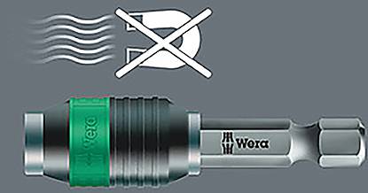 Ein nicht-magnetischer Schraubendrehen-Bithalter der Marke 'Wera', mit einem Anti-Magnetismus-Symbol in Form eines durchgestrichenen Hufeisenmagneten, der Magnetresistenz anzeigt.