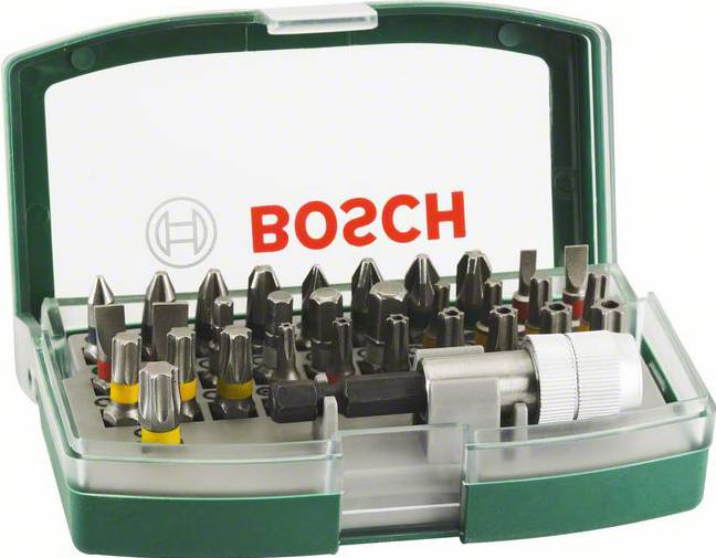 Ein Set von Bosch Schraubendreher-Bits und Zubehör in einer grünen Kunststoffbox. Enthält verschiedene Bitgrößen und -formen.