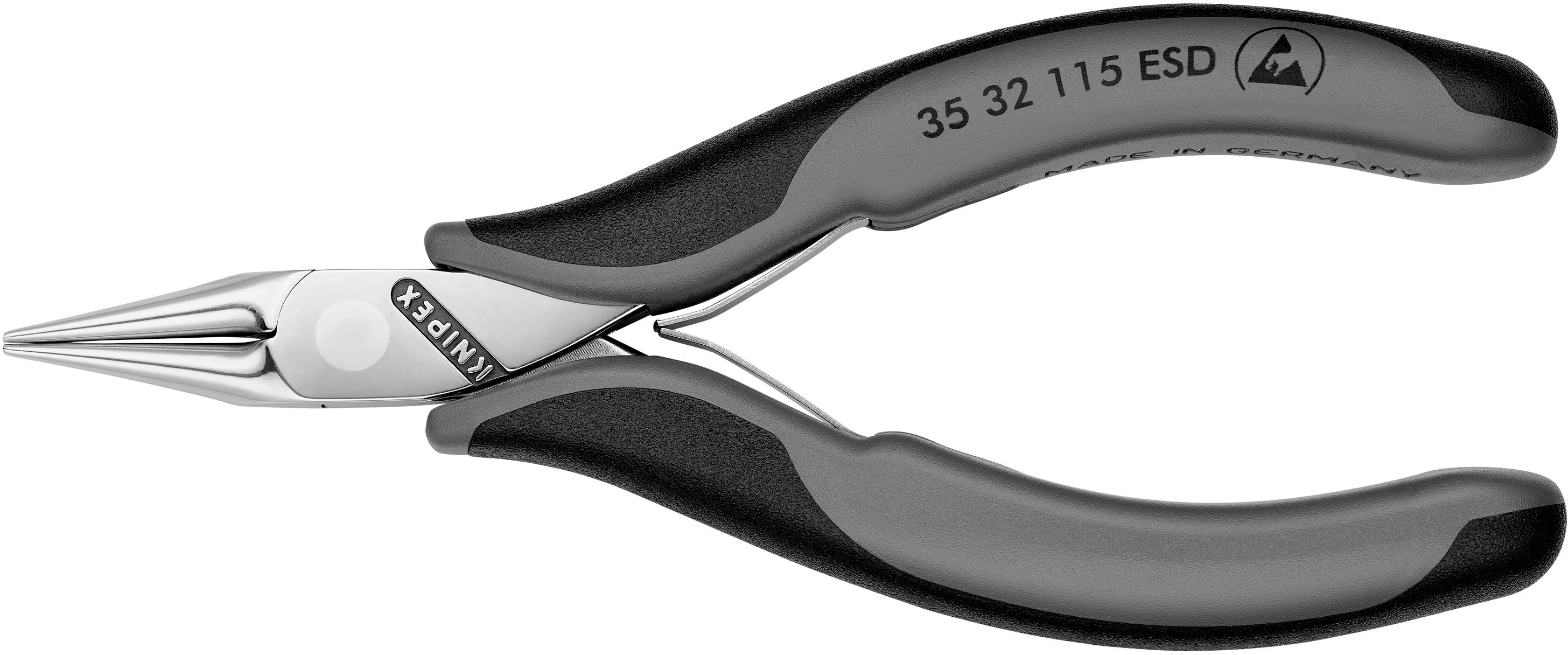 Eine graue und schwarze Zange mit der Aufschrift '35 32 115 ESD', geeignet für präzise Arbeiten in elektronischen Anwendungen.