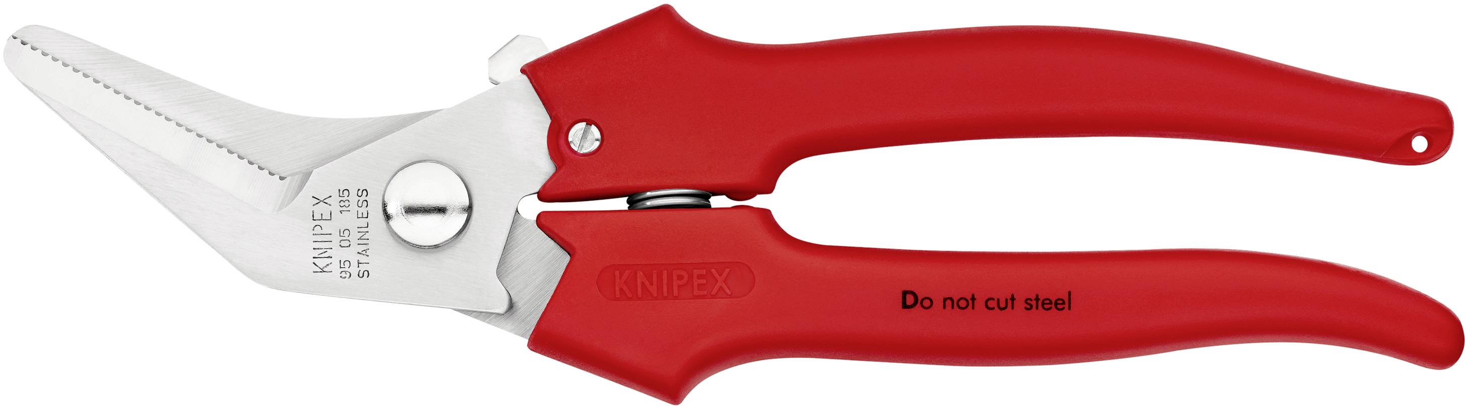 Rote Knipex-Schere mit silberner Klinge, geeignet für Schnittarbeiten außer Stahl.