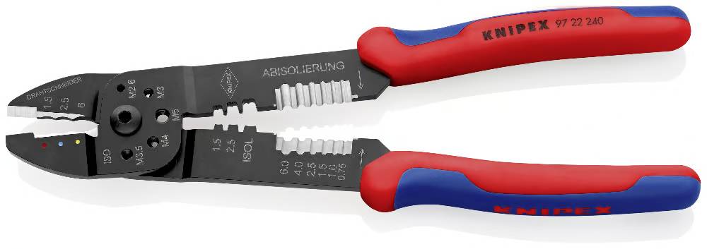 Ein Paar Knipex-Abisolierzangen mit rot und blau gefärbten Griffen, die mehrere Abisolier- und Schneidoptionen für verschiedene Drahtgrößen zeigen.