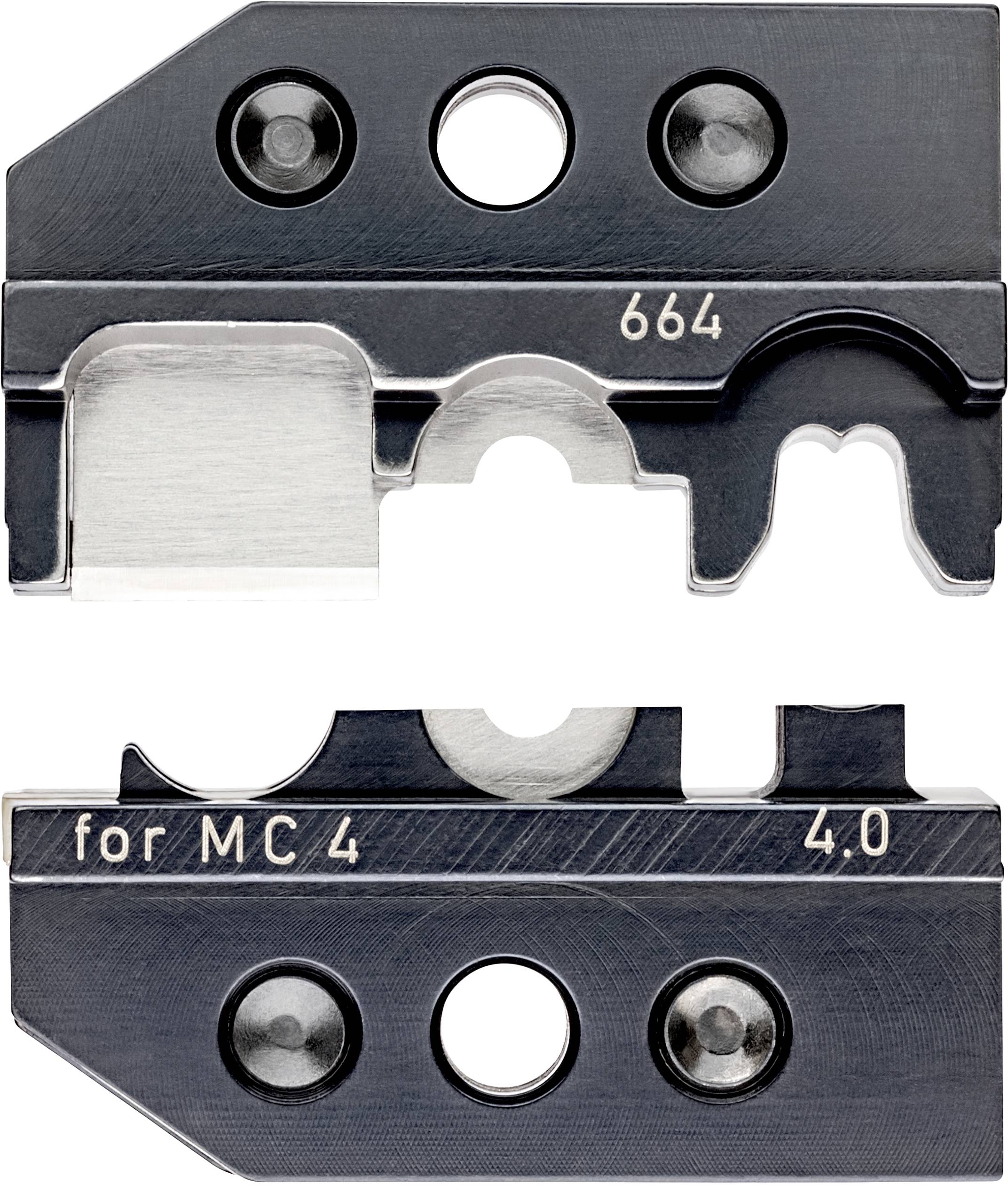 Zwei schwarze Metallteile mit eingeschraubten Silberteilen. Oben '664', unten 'for MC 4' und '4.0' eingraviert. Montagematerial.