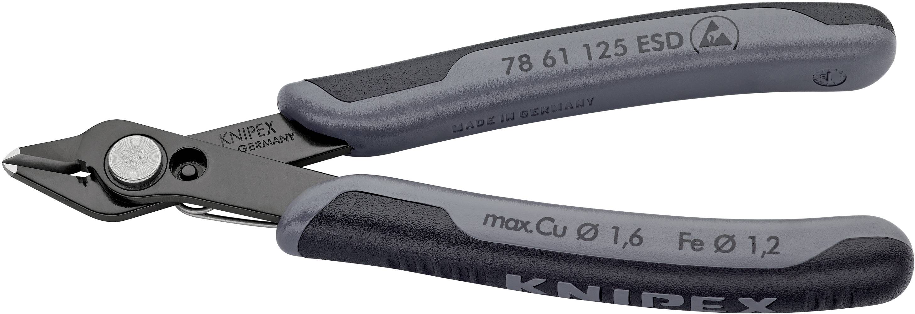Seitenschneider von Knipex in Schwarz und Grau, geeignet für feine Schneidarbeiten an Kupfer- und Eisendrähten.