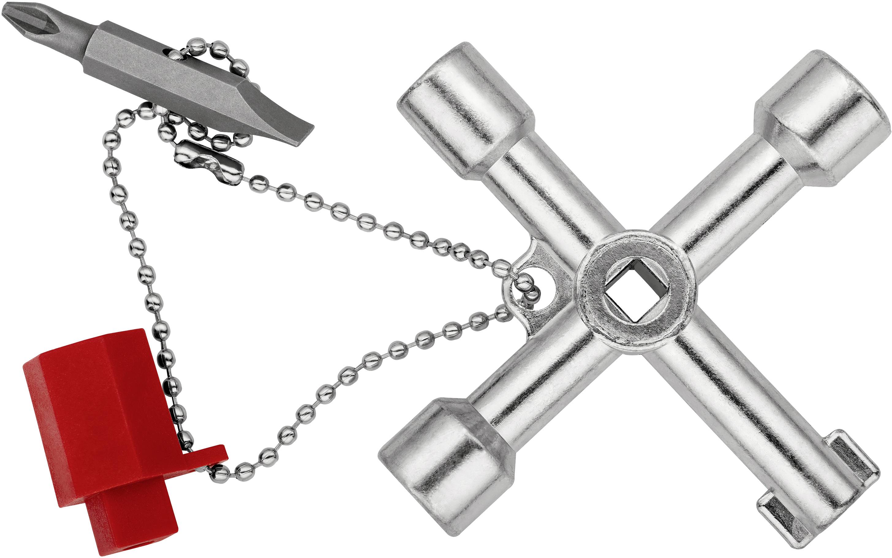 Ein Vierkantschlüssel mit abnehmbaren Einsätzen und einer roten Schutzkappe, verwendet für diverse technische Anwendungen.