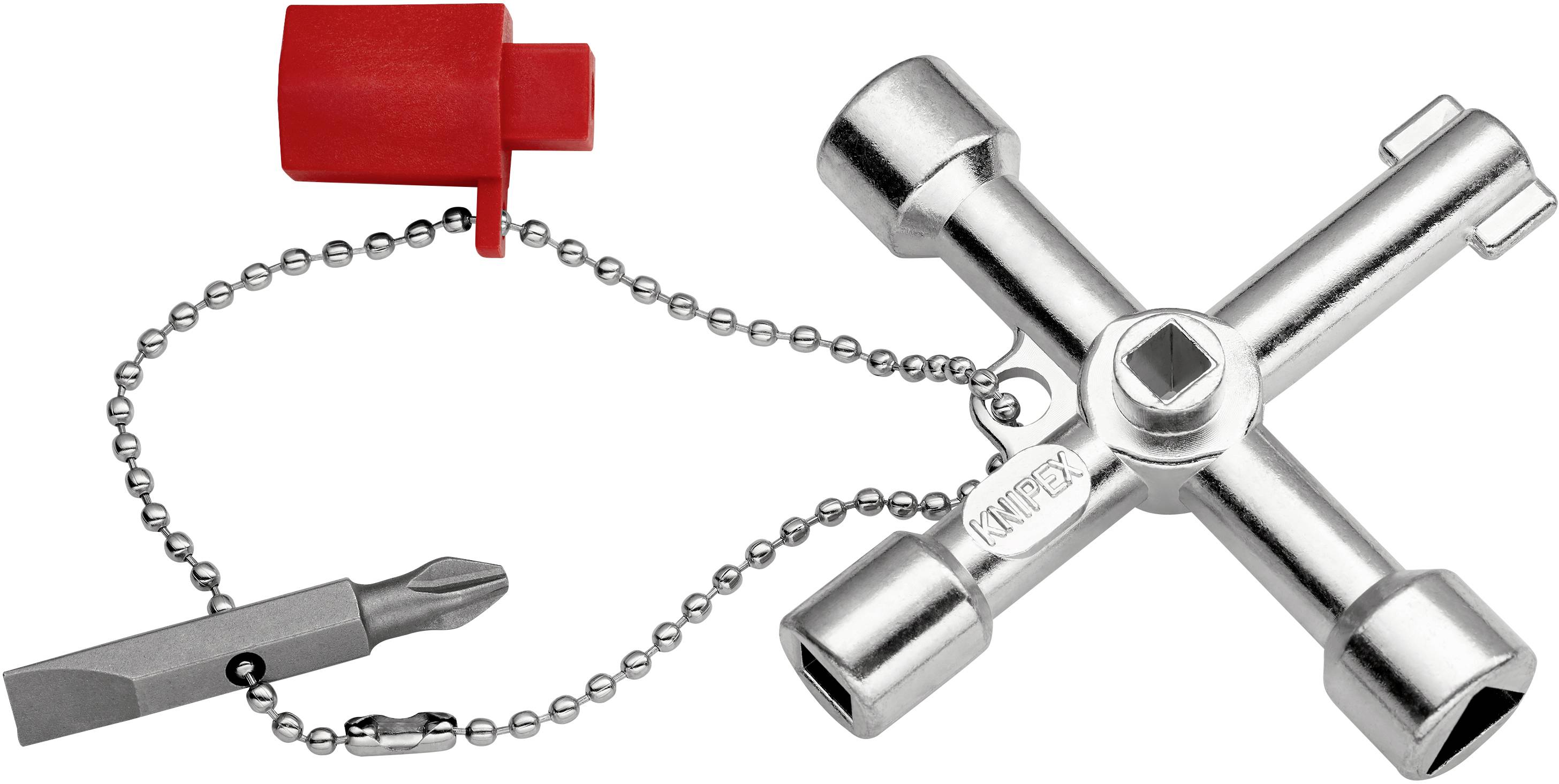Schlüsselwerkzeug mit vier verschiedenen Arten von Endstücken an Ketten, mit einem roten Plastikelement für universelle Anwendungen.