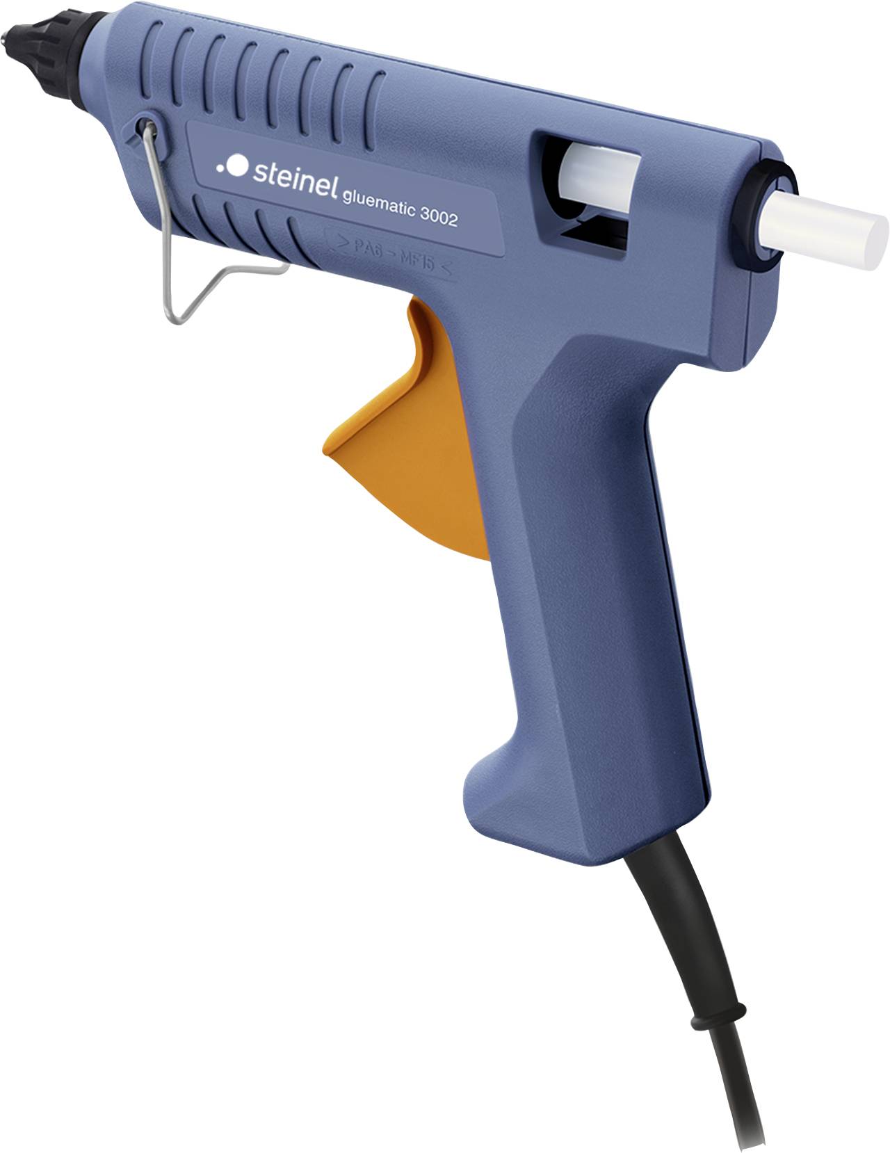 Eine blaue Heißklebepistole mit Kabel, Marke 'Steinel Gluematic 3002', liegt auf einem weißen Hintergrund.