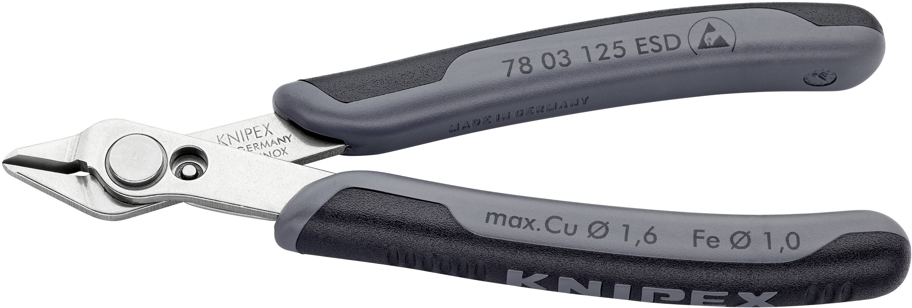 Eine Kombizange von Knipex mit Isoliergriffen, geeignet für Drahtschneiden, Modellnummer '78 03 125 ESD'. Geeignet für max. Cu Ø 1,6 mm, Fe Ø 1,0 mm.
