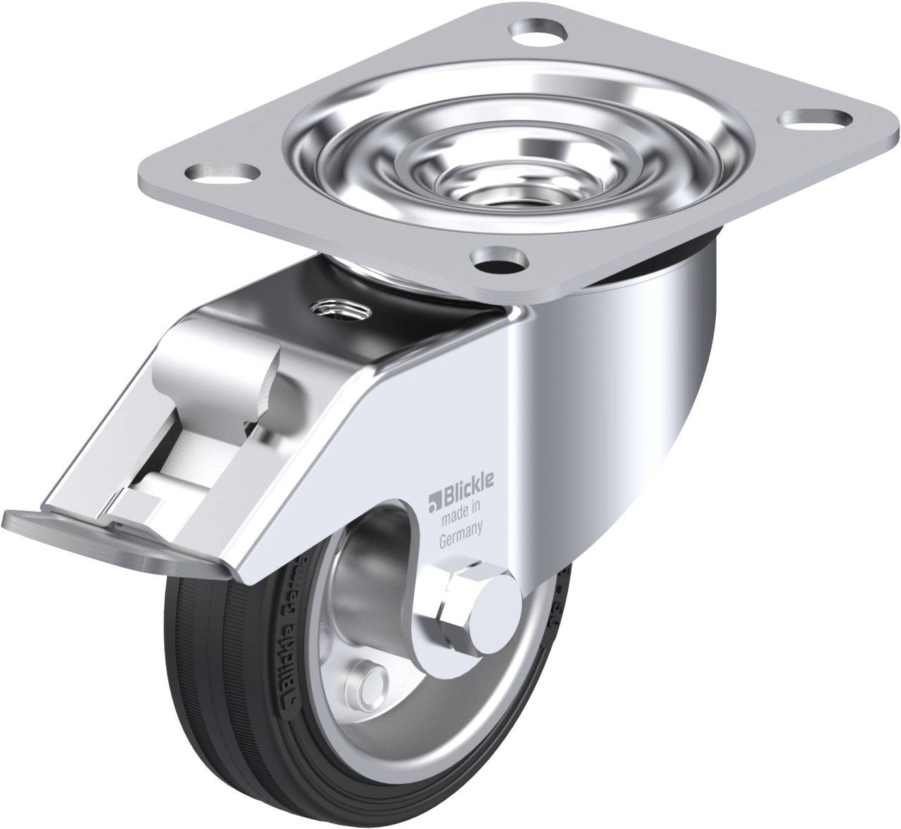 Metallisches Schwenkrollenrad mit Bremse, montiert auf rechteckiger Platte; hergestellt in Deutschland, robustes Industriedesign.