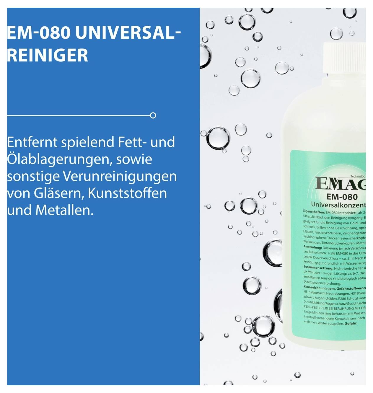 Werbegrafik für EM-080 Universal-Reiniger mit Flasche; entfernt Fett-, Öl- und Schmutzablagerungen von Glas, Kunststoff und Metall.