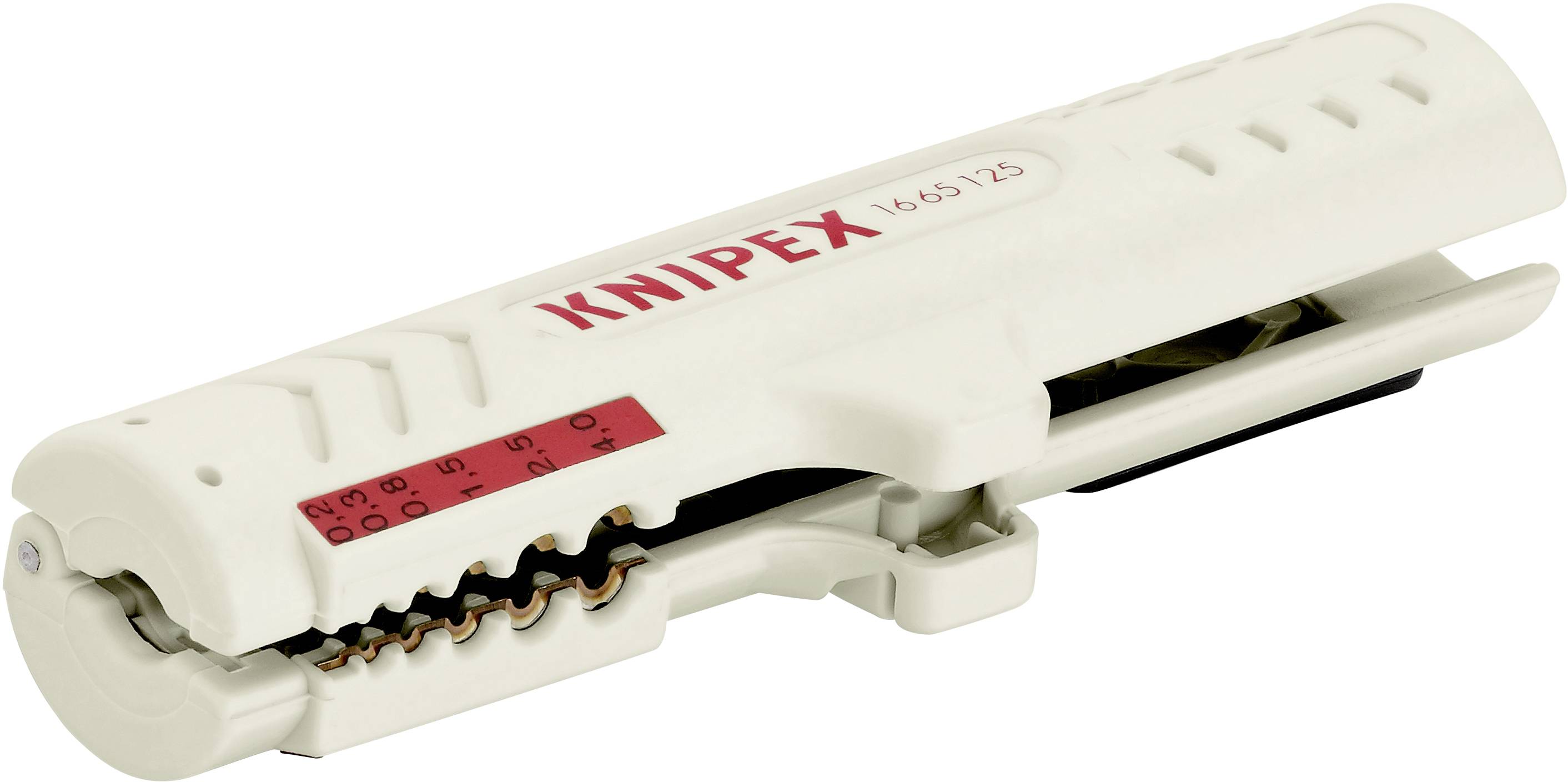 Ein weißes, handliches Kabelabisolierwerkzeug mit der Aufschrift 'KNIPEX' und Skalen.