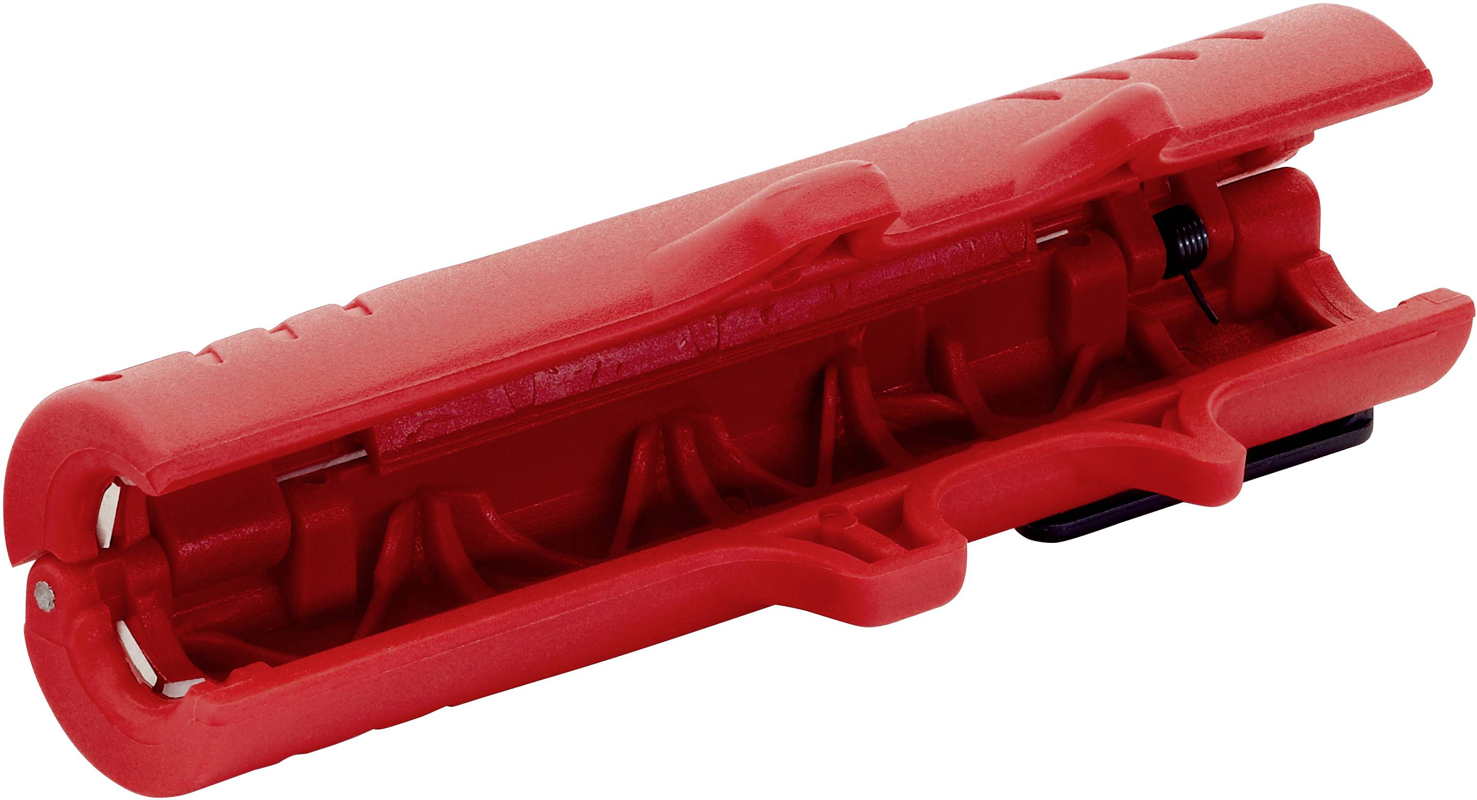 Ein roter Kabelabmantler mit ergonomischem Design, geeignet zum präzisen Entfernen von Isolierung von elektrischen Kabeln.