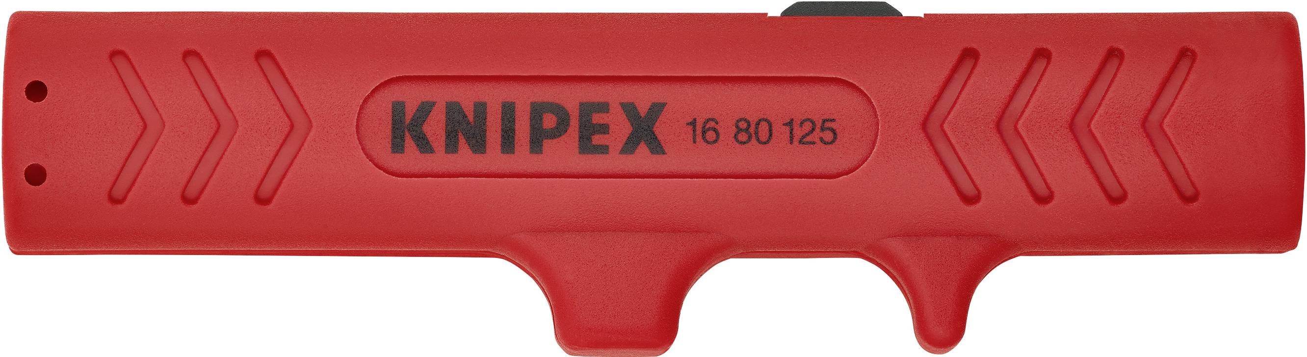 Rotes Entmantelungswerkzeug von Knipex mit der Aufschrift 'KNIPEX 16 80 125', geeignet zum Abisolieren von Kabeln verschiedener Durchmesser.
