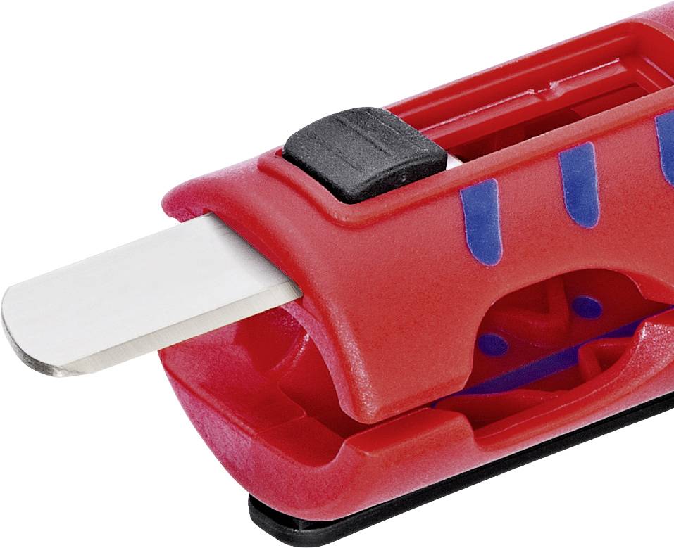 Ein roter Kartonmesser mit einfahrbarer Klinge und schwarzem Schieber, geeignet zum Schneiden von Kartons und Verpackungsmaterial.