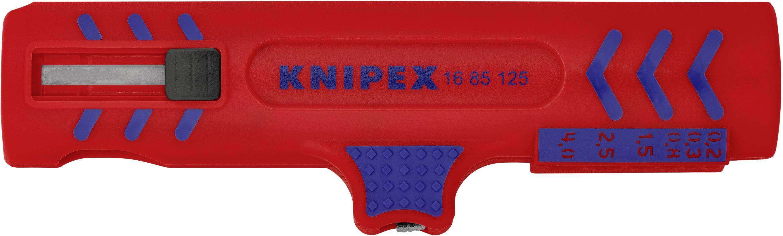 Roter Kabelschneider mit blauen Griffen und schwarzem Messer, Marke 'Knipex', Modell '16 85 125'.