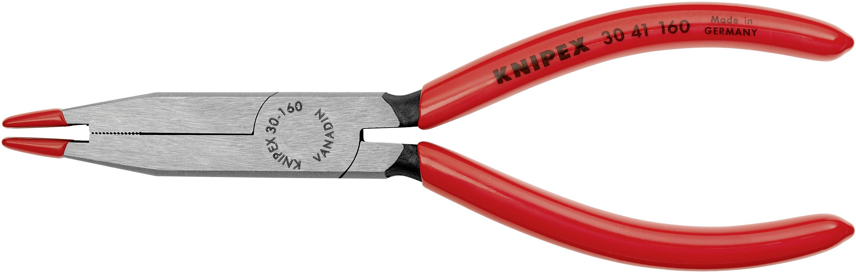 Rote KNIPEX Zange mit geraden Backen und glatten Greifflächen, geeignet für Arbeiten an empfindlichen Oberflächen.